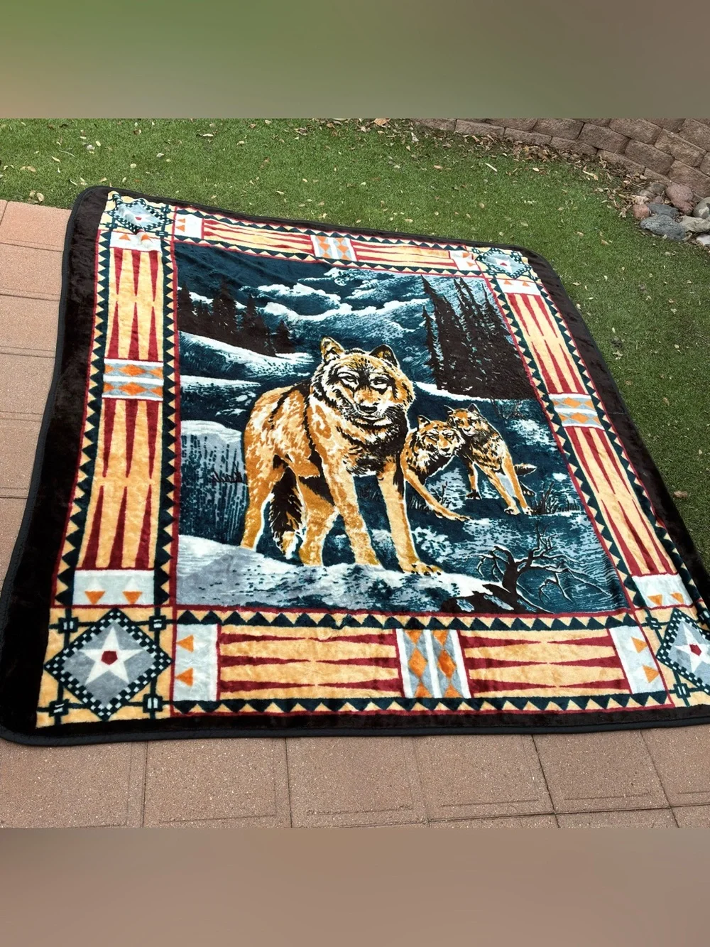 Novatex Cobertor Vintage Wolf Southwestern Blanket Sz 84x96